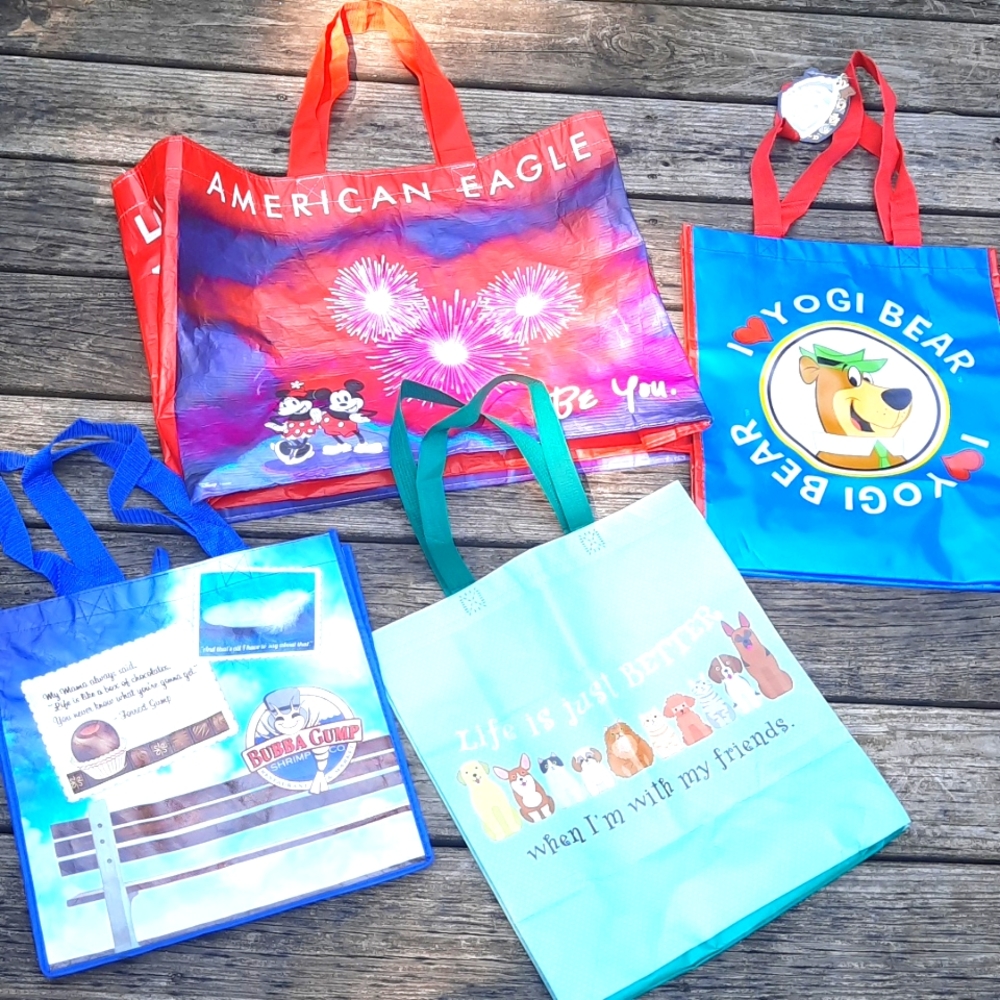 Four Assorted Reusable Bags Yogi Bear, Forrest Gump, Disney, Animal Frie…